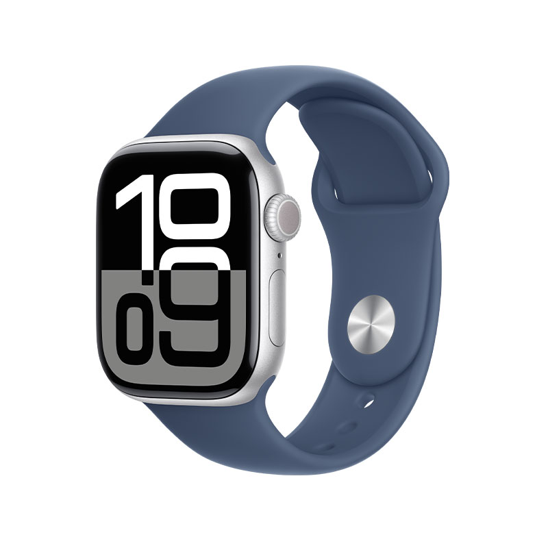 Apple Watch 10 42mm, GPS Silver Aluminium with Denim Sport Band S/M